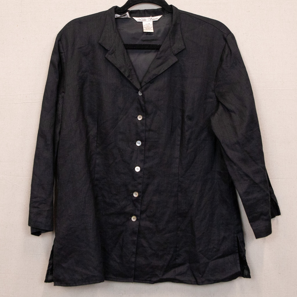 Nikki Valenti Irish linen embroidered black button up shirt shacket-14